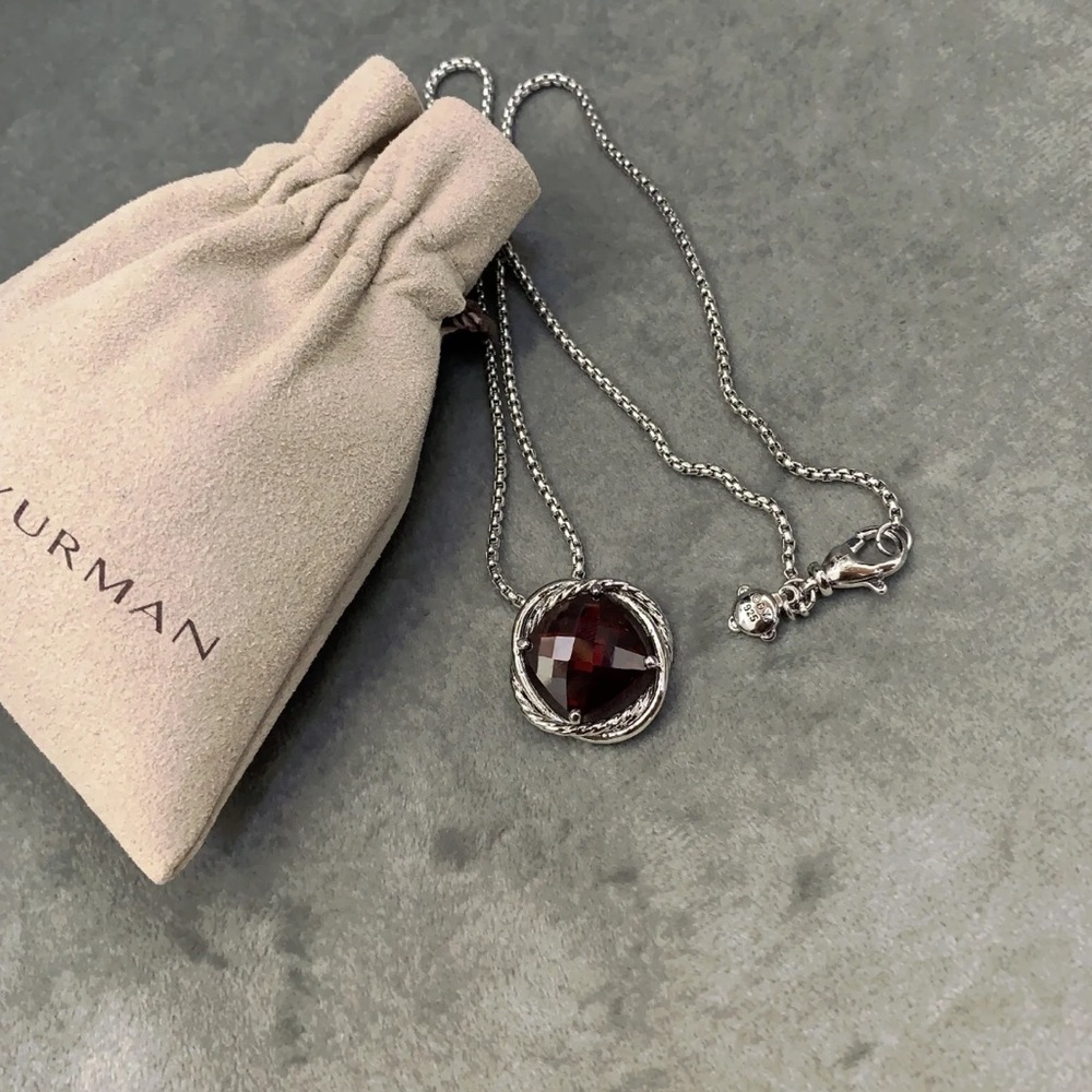 David Yurman Silver Necklace with Deep Red Garnet Cable Pendant